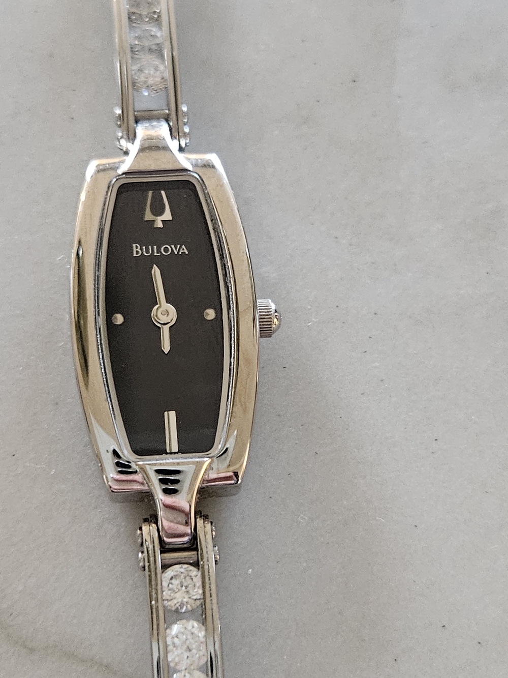 Bulova Crystal Accent Rectangular Watch Silver & Black